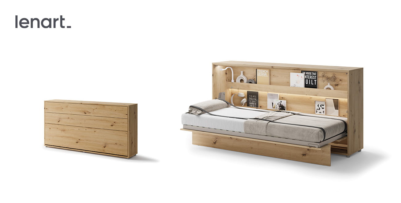 Wandklappbett Bed Concept BC-06 90x200 Schrankbett Horizontal Lenart Gästebett Eiche Artisan