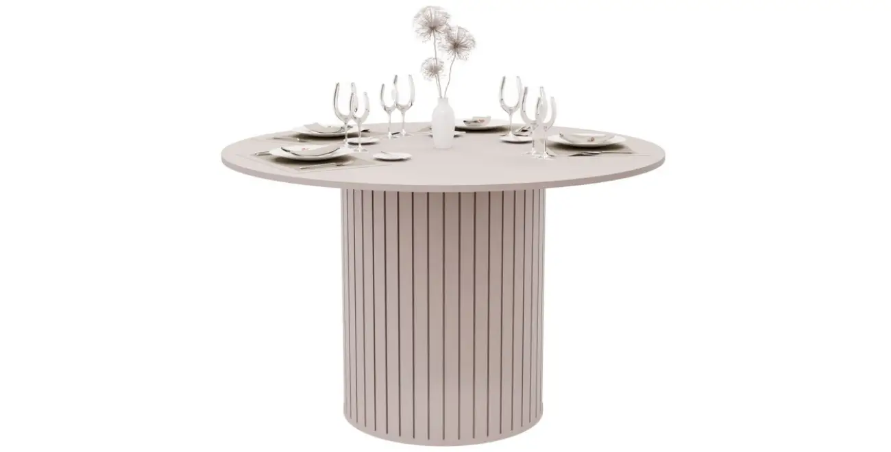 Esstisch Rund Ø 120 cm LINNEA – Säule in Lamellen-Optik – Kaschmir / Beige