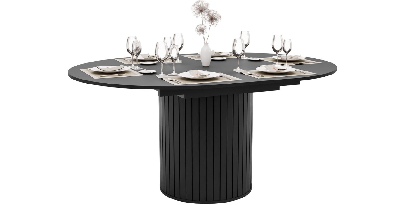 Esstisch Rund Ausziehbar LINNEA Ø 120-160 cm – Säule in Lamellen-Optik – Schwarz Matt kaufen